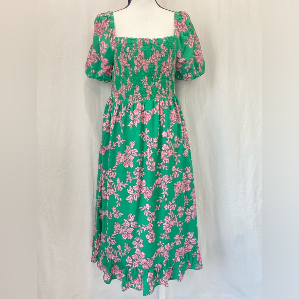 J.Crew NWT Green Pink Floral Smocked Midi Dress Cotton Puff Sleeve Size Large